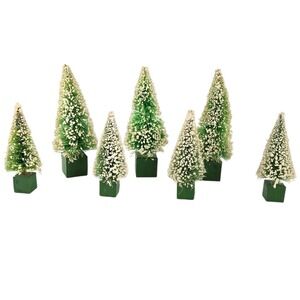 Lot 7 Vintage Flocked Bottle Brush Christmas Tree Large 6" Japan Green Wood Base